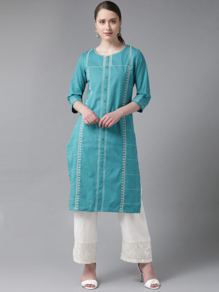 Women Blue & White Embroidered Straight Kurta