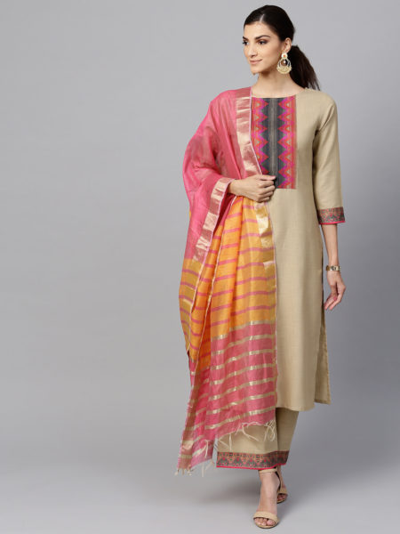 Women Beige & Pink Yoke Design Kurta with Palazzos & Dupatta